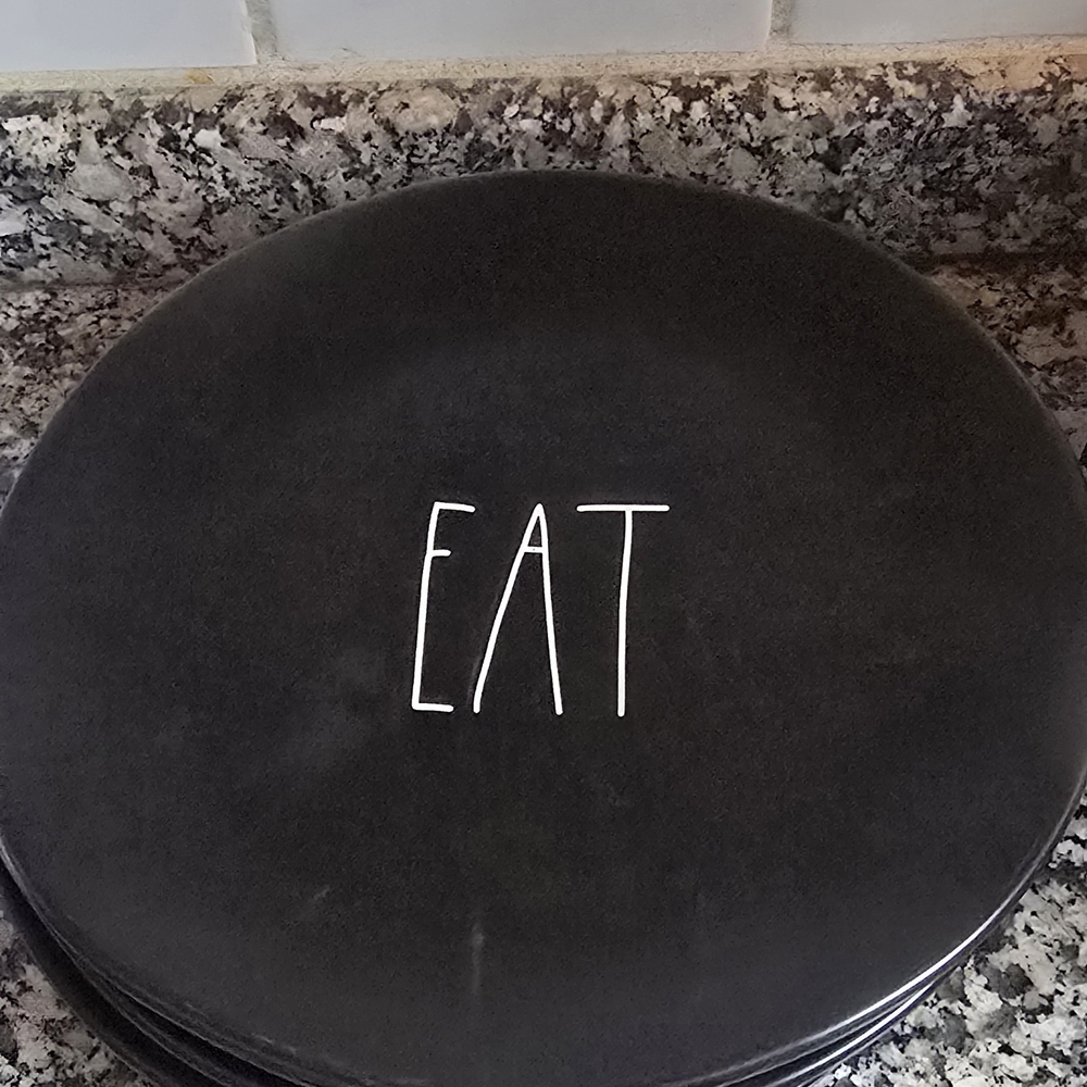 Rae Dunn Black Plate with White 'EAT' Text